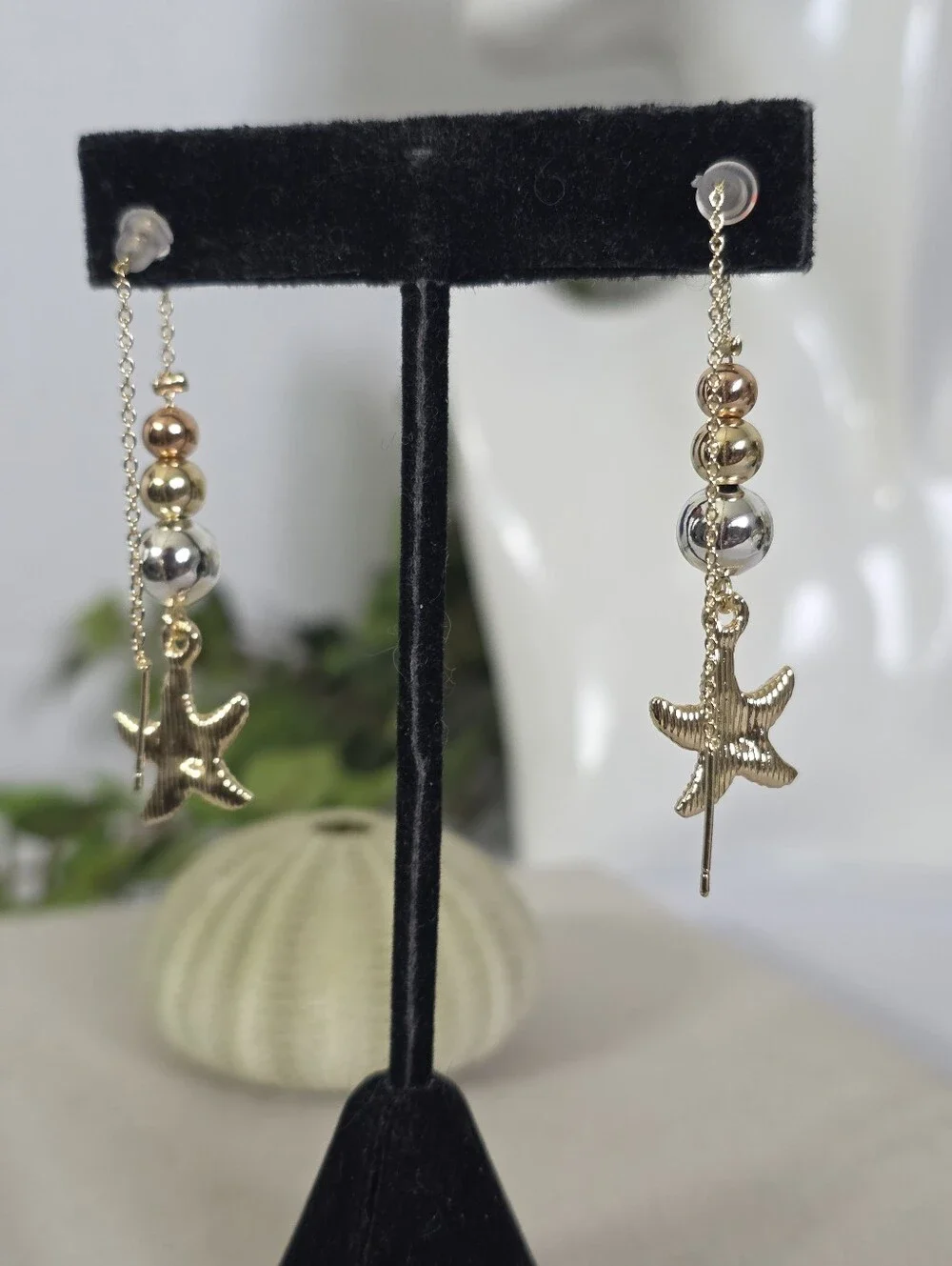 Gold Filled Tricolor Bead Starfish Drop Threader Earrings Mermaid Coastal